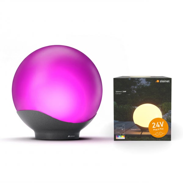 Steinel Sphera C 24 Volt Connect, kugelförmige LED-Außenleuchte mit grauem Sockel und Produktverpackung.