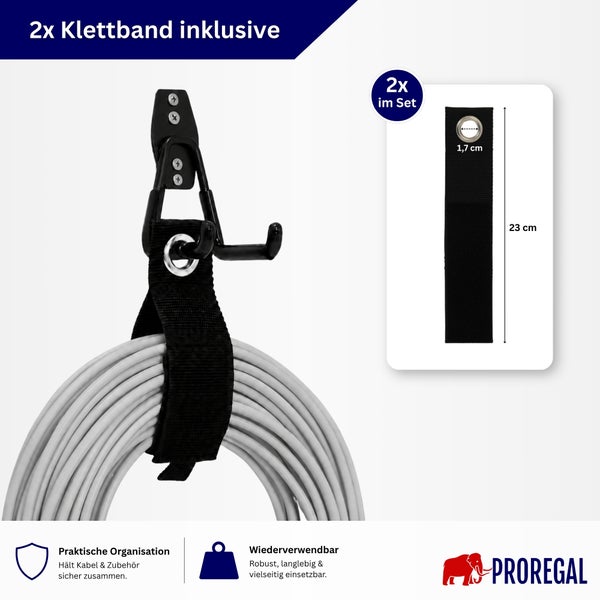 Set mit zwei Klettbändern inklusive Metallöse zum Organisieren von Kabeln und Schläuchen, passend für Wandhaken, Marke Proregal.