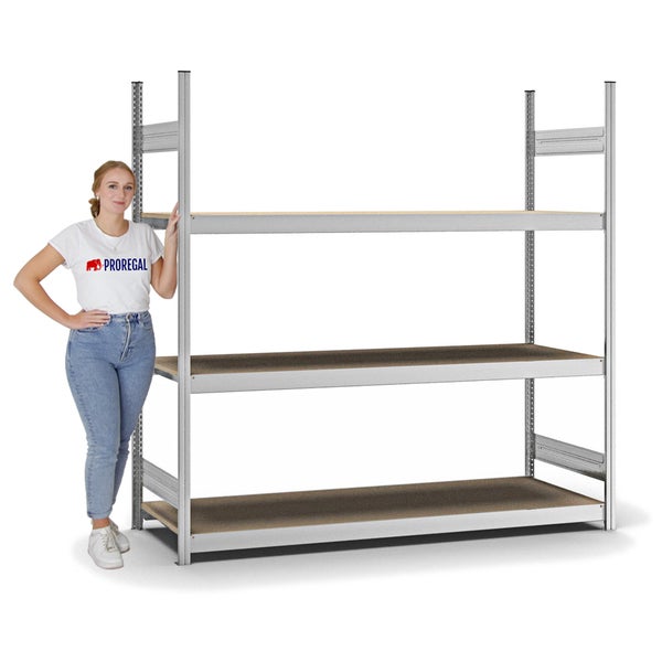 PROREGAL Weitspannregal Stecksystem T-Profil Grundregal HxBxT 200x200x60 cm 3 Ebenen Spanplatten Fachboden Fachlast 350 kg Verzinkt