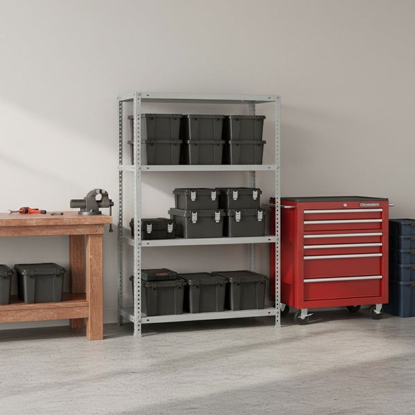 Metallregal mit 4 Böden, 1500 Millimeter Höhe, 1100 Millimeter Breite, 300 Millimeter Tiefe und 75 Kilogramm Tragkraft pro Boden.