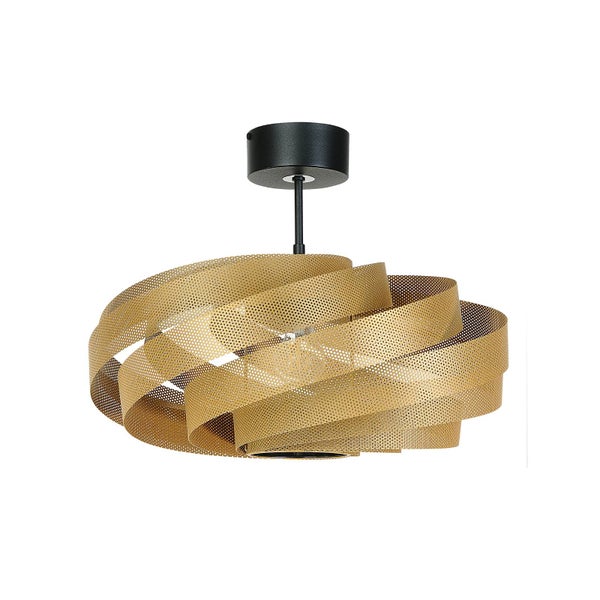 Deckenleuchte mit spiralförmigem Schirm aus perforiertem Metall in Gold und schwarzer Deckenhalterung.