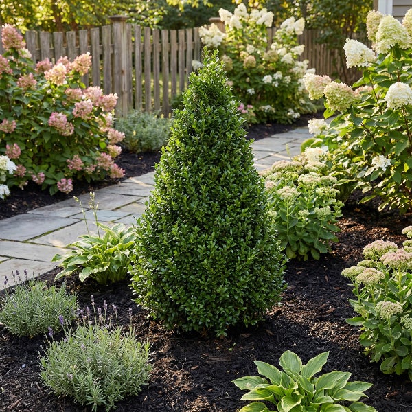 Kegelförmiger Buchsbaum in einem gepflegten Gartenbeet mit Steinweg, Hortensien und Lavendel vor einem Holzzaun.