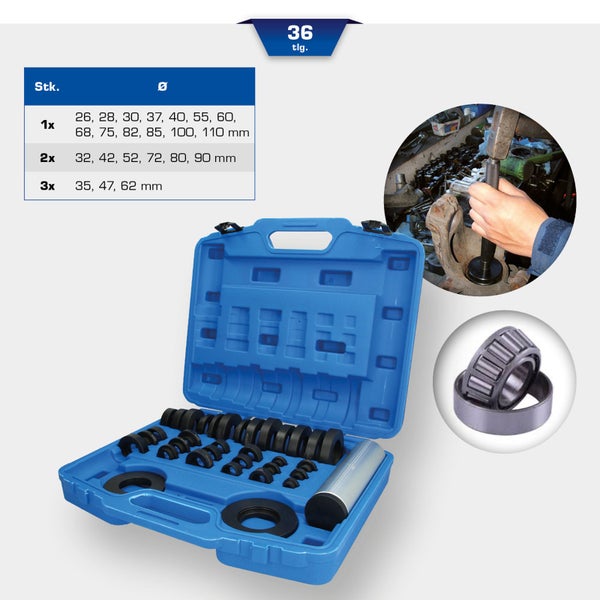 36-teiliges Werkzeugset zum Einpressen von Lagern in einem blauen Werkzeugkoffer, Anwendungsbeispiel und ein Lager