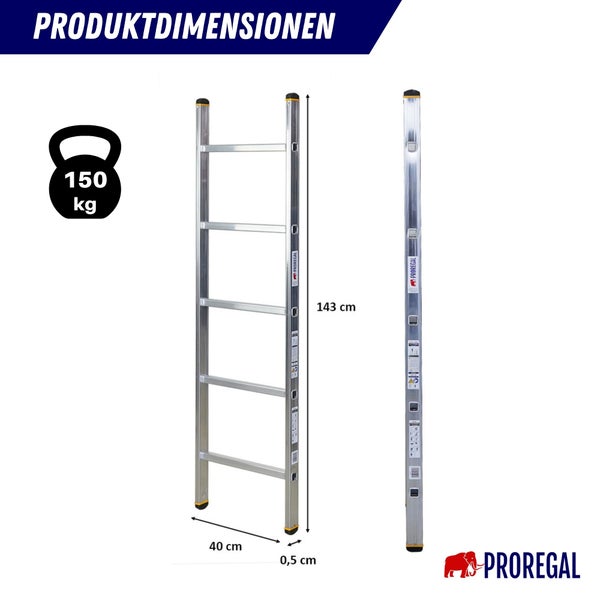 Produktdimensionen einer Sprossenleiter aus Aluminium mit einer maximalen Tragkraft von 150 Kilogramm