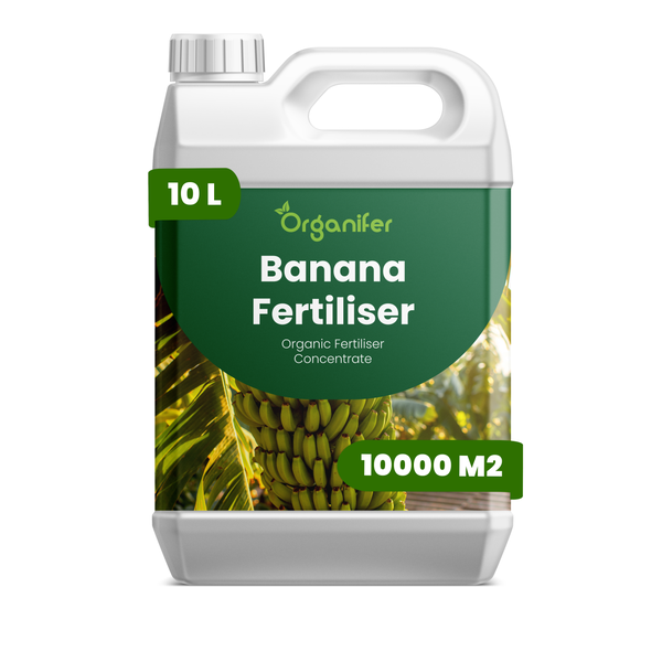 Organifer Logo, Bananendünger, organisches Düngerkonzentrat, 10-Liter-Kanister, für 10000 Quadratmeter.