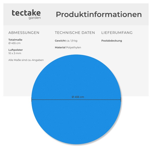 Produktinformationen mit Abmessungen, technischen Daten und Lieferumfang der Poolabdeckung von tectake garden.