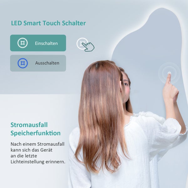 EMKE Standspiegel, 3000/4000/6500K – Wandmontierbar & Freistehend, rahmenlos, Touch-Schalter, 145x50 cm