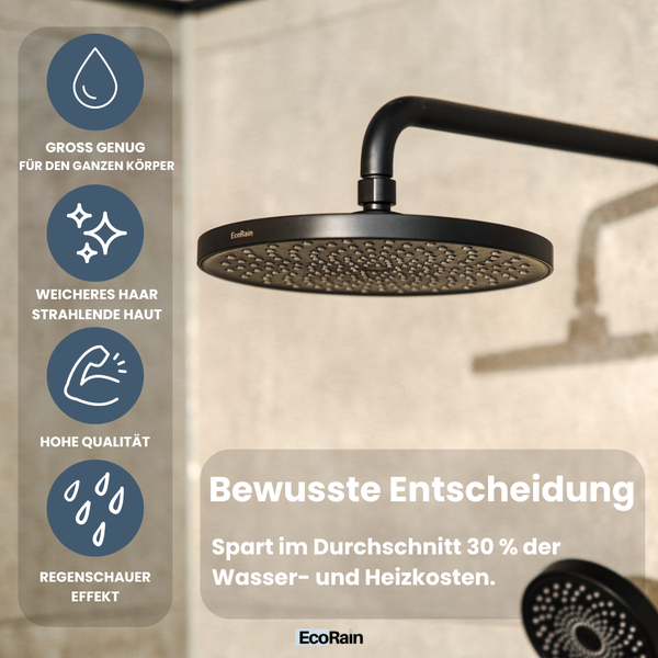 EcoRain 30% Wassersparender Regenduschkopf Jet 25 CM Rund - Hoher Wasserdruck - Universeller Anschluss - Anti-Kalk Duschkopf - Schwarz