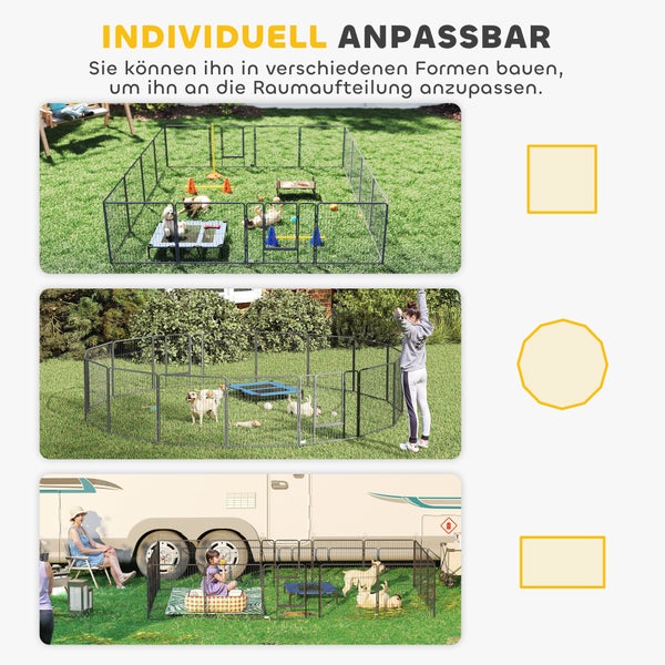 Modularer Welpenauslauf aus Metall, flexibel aufstellbar in verschiedenen Formen wie Quadrat oder Rechteck für Garten und Camping.