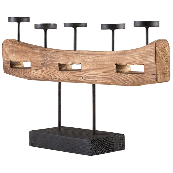 Kerzenhalter mit 5 Kerzentellern aus Holz und Metall auf einem rechteckigen Sockel