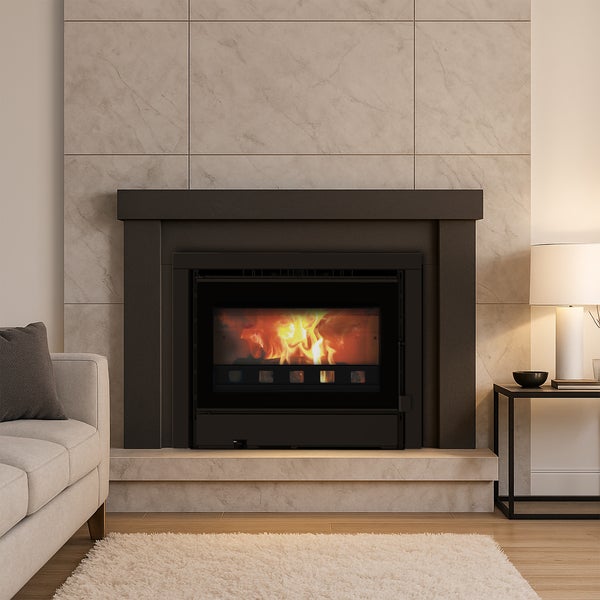 Wohnzimmer mit Kamin, Couch und Beistelltisch.