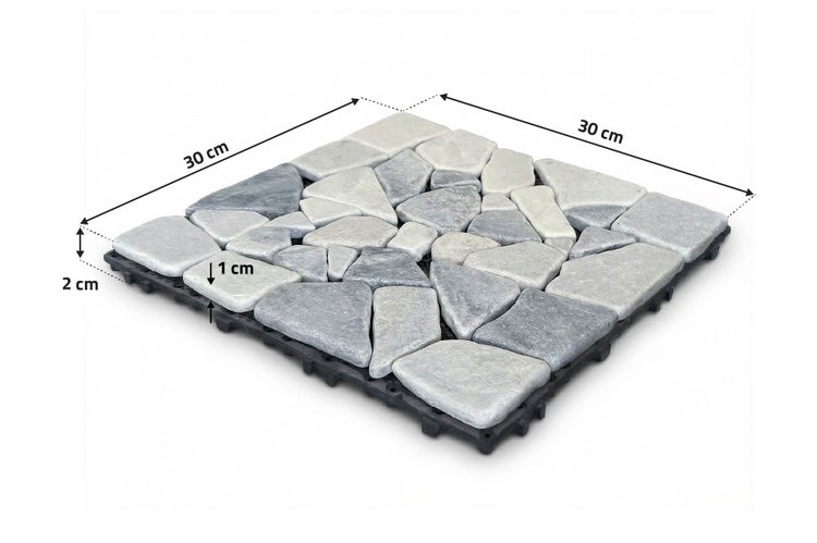 Quadratische Klickfliese aus Naturstein in Steinoptik mit den Maßen 30 mal 30 Zentimeter und einer Höhe von 2 Zentimetern
