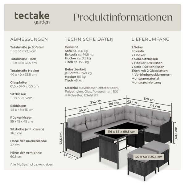 Infografik mit Abmessungen und technischen Daten für eine tectake Gartenlounge aus Polyrattan bestehend aus Ecksofa, Tisch und zwei Hockern.