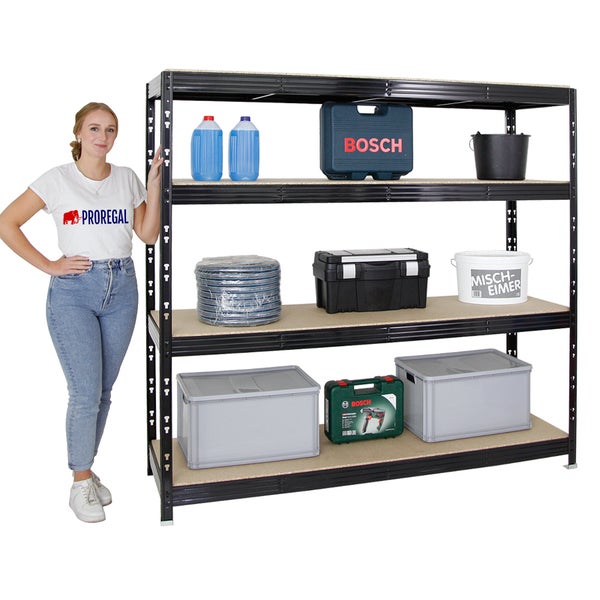 PROREGAL Profi Schwerlastregal Rhino HxBxT 180 x 200 x 60 cm 4 Spanplatten-Ebenen 16mm Fachlast 500 kg Schwarz
