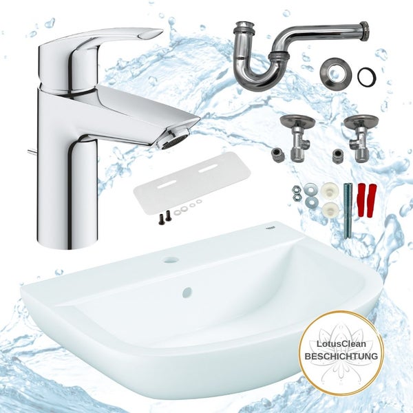 Komplettset mit Waschtisch, Armatur, Siphon und Eckventilen für das Badezimmer