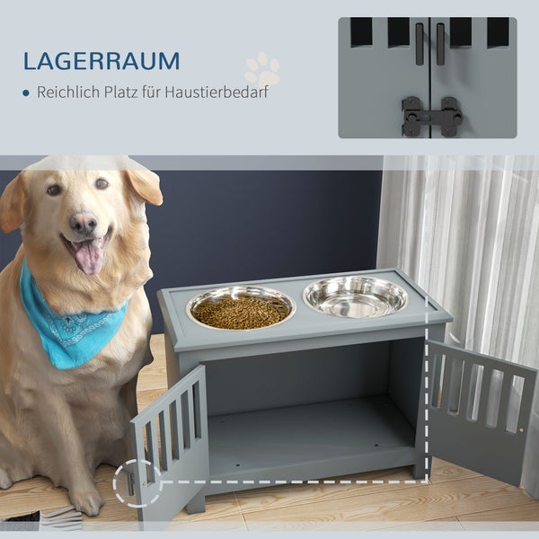 Erhöhte Hundebar mit zwei Edelstahlnäpfen und Stauraum für Haustierbedarf sowie ein Detailbild der Türverriegelung.