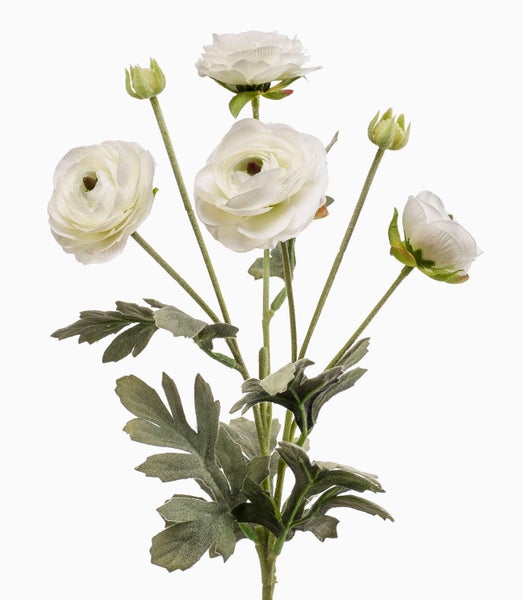 Künstlicher Ranunkelzweig mit weißen Blüten, Knospen und grünen Blättern.