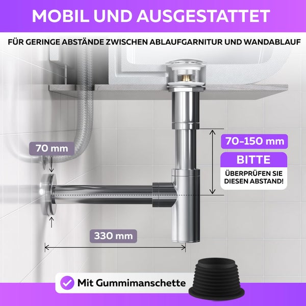 Ablaufgarnitur mit Gummimanschette für Waschbecken, geeignet für geringe Abstände