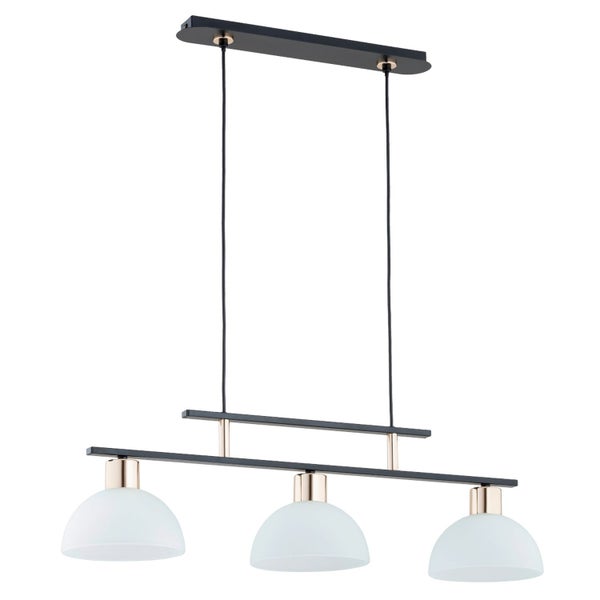 Dreiflammige Pendelleuchte mit halbkugelförmigen Glasschirmen und Metallgestell zur Deckenmontage