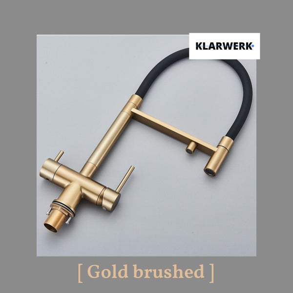 Lana | 3 Wege Gold Schwarz ausziehbare Armatur | Edelstahl Trinkwasser Osmose Wasserhahn Küche |Mischbatterie - 360 Grad drehbar | Filter 3 Anschlüsse