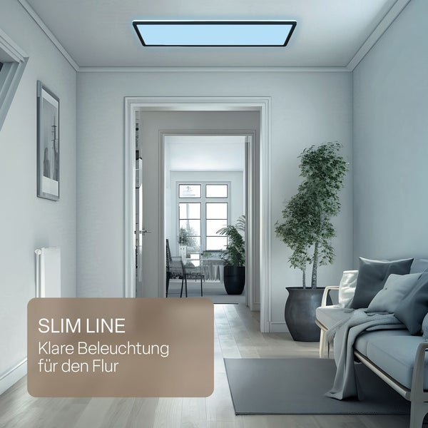 Moderne Flurbeleuchtung mit einem rechteckigen LED-Panel an der Decke. Der helle, aufgeräumte Raum verfügt über ein Sofa und eine Zimmerpflanze.