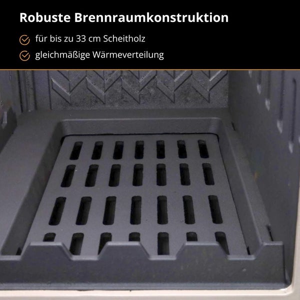 Robuste Brennraumkonstruktion für Kaminöfen, geeignet für Scheitholz bis 33 Zentimeter, sorgt für gleichmäßige Wärmeverteilung.