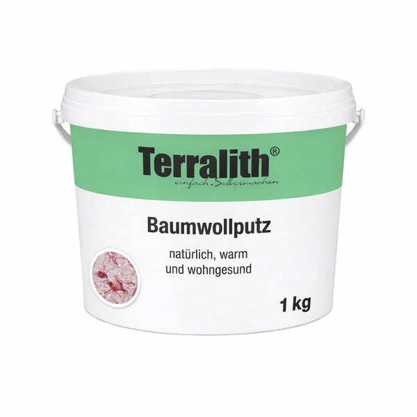 Terralith Baumwollputz 1 Kilogramm, natürliche Wandbeschichtung, Flüssigtapete im weißen Eimer mit Texturbeispiel.