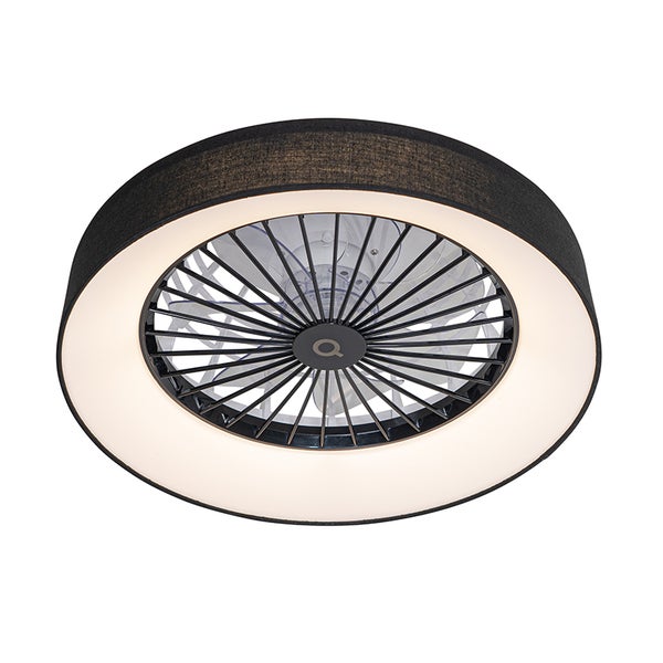 Runder Deckenventilator mit integriertem LED Lichtring, schwarzem Stoffschirm und Schutzgitter.