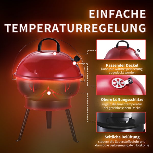 Outsunny Holzkohlegrill, Kugelgrill, 135L x 50B x 100H cm, Metall, Schwarz+Rot