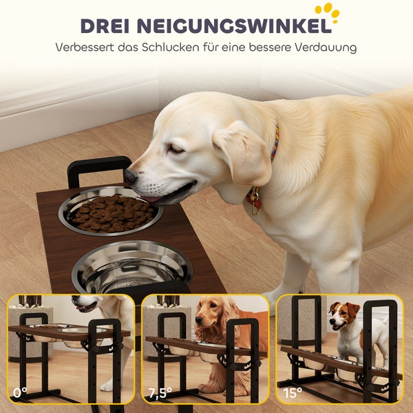 Hundebar mit Edelstahlnäpfen und Holzplattform. Neigungswinkel: null Grad, sieben komma fünf Grad und fünfzehn Grad für bessere Verdauung.