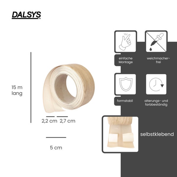 DALSYS Logo, flexible Sockelleiste, selbstklebend, 15 Meter lang, 5 Zentimeter breit, formstabil und weichmacherfrei.