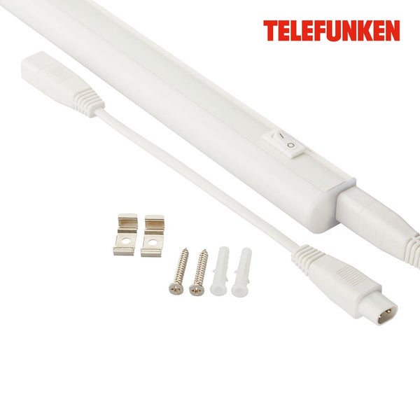Weiße Telefunken LED-Unterbauleuchte inklusive Schalter, Anschlusskabel, Montageclips, Schrauben, Dübeln und Telefunken Logo.