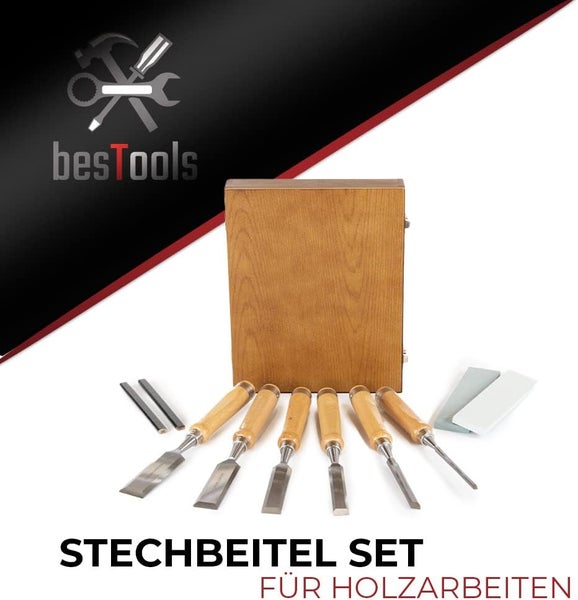 besTools Logo, Stechbeitel Set für Holzarbeiten bestehend aus sechs Meißeln mit Holzgriff, einem Holzkasten und zwei Abziehsteinen.
