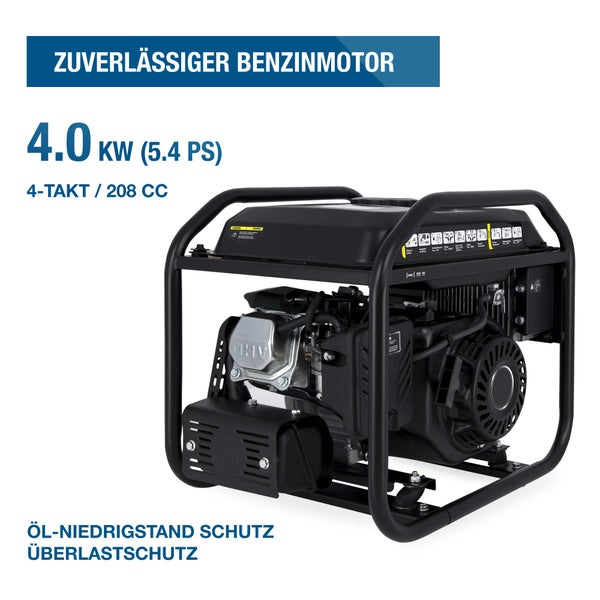 Benzin-Stromerzeuger mit 4,0 Kilowatt Viertakt-Motor und 208 Kubikzentimeter Hubraum, inklusive Ölmangelsicherung und Überlastschutz.