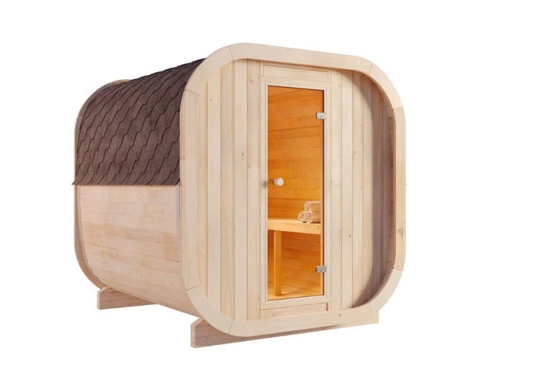 FinnTherm Fasssauna ScandiCube Comfort Fasssauna 2 Sitzbänke aus Holz, Sauna mit 42 mm Wandstärke, Außensauna mit Montagematerial mit 2 Fenstern, Naturbelassen 2x2,3m