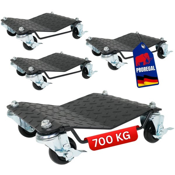 Vierer Set PKW-Rangierhilfen aus Metall mit Lenkrollen und Bremsen, Tragkraft 700 Kilogramm pro Stück, ProRegal Logo.