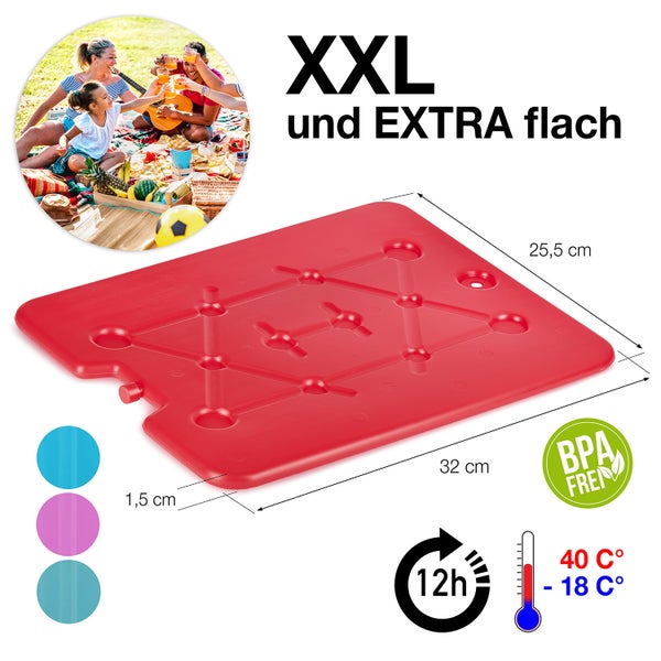 Roter, extraflacher Kühlakku in XXL Größe, 32 x 25,5 x 1,5 cm, BPA frei.