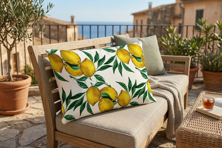 Dekoratives Outdoor-Kissen mit Zitronenmuster auf einer Holzbank auf einer sonnigen Terrasse mit mediterranem Flair.