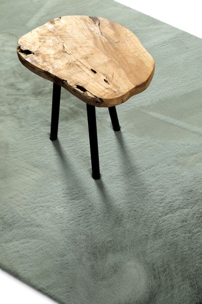 Rustikaler Beistelltisch aus einer Holzscheibe mit schwarzen Beinen auf einem weichen grünen Hochflor Teppich.