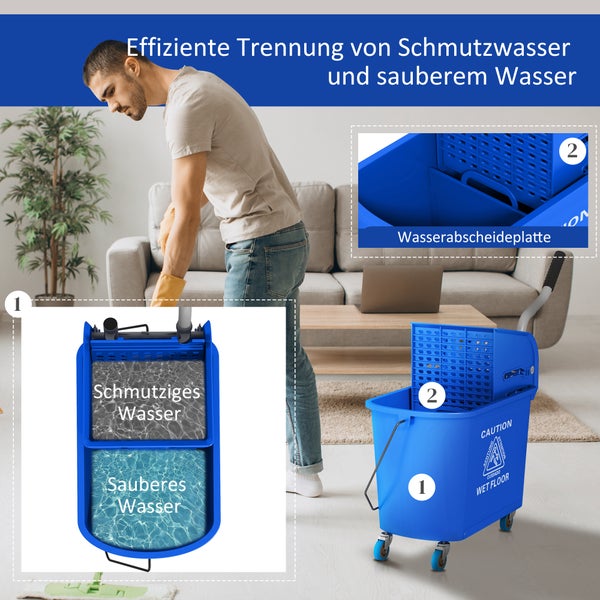 HOMCOM Putzwagen Reinigungswagen mit Wischmopp Presse 20 L Eimer mit Trennwand für Gebäudereinigung Hotel Blau