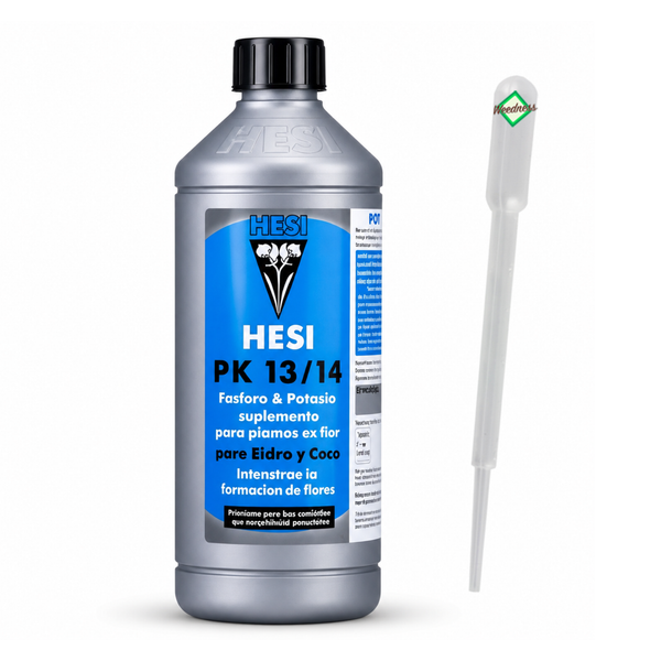 Hesi PK 13 14 Pflanzendünger in Kunststoffflasche mit Dosierpipette zur Förderung der Blütenbildung bei Hydro- und Kokoskulturen.
