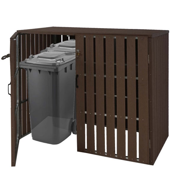 Mülltonnenbox aus Holz mit zwei Mülltonnen