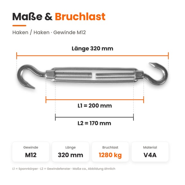 Technische Zeichnung eines Spannschlosses mit Haken und Gewinde M12, Länge 320 Millimeter, Bruchlast 1280 Kilogramm, Material V4A Edelstahl.
