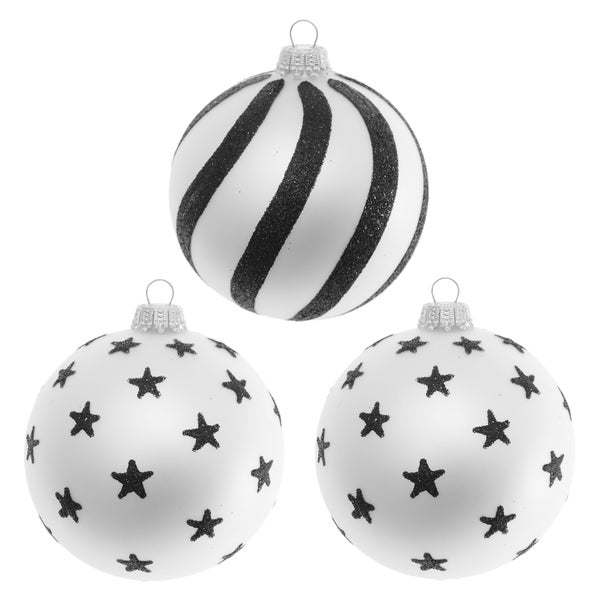 Xmas Black & White Satin , 3er Set, silber matt/schwarz/Glitzer, 8cm, 3 Stck., Weihnachtsbaumkugeln, Christbaumschmuck, Weihnachtsbaumanhänger