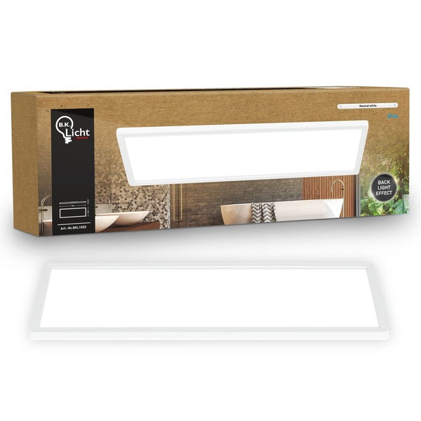 B.K. Licht LED-Panel, rechteckig, neutralweiß, IP44, mit Backlight-Effekt, inklusive Produktverpackung.