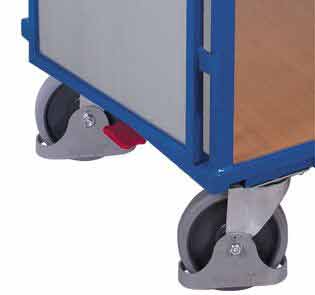 Lenkrollen eines Transportwagens mit Feststellbremse an einem Rad und blauem Metallrahmen.
