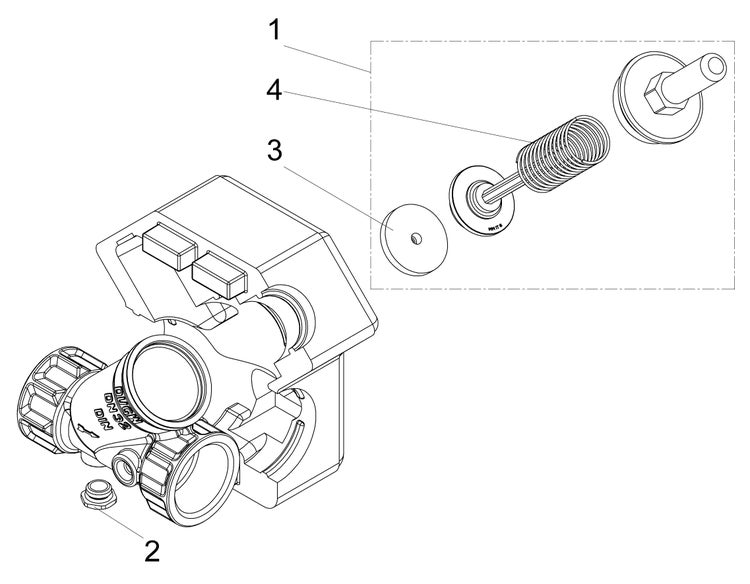 Technische Zeichnung einer Armatur in Explosionsdarstellung mit nummerierten Einzelteilen wie Ventilgehäuse, Feder und Dichtung.