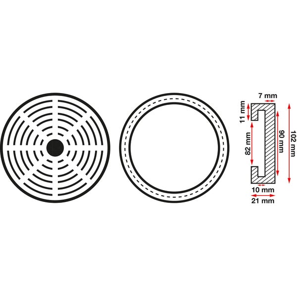 Maßzeichnung eines runden Gitters mit Außendurchmesser 102 Millimeter, Innendurchmesser 82 Millimeter und einer Höhe von 11 Millimeter.