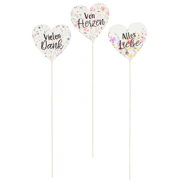 Drei herzförmige Pflanzenstecker mit floralen Mustern und den Aufschriften Vielen Dank, Von Herzen und Alles Liebe