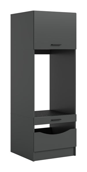 Küchen-Hochschrank für Einbaugeräte in Anthrazit mit einem Oberschrank, einem offenen Fach und zwei Schubladen.